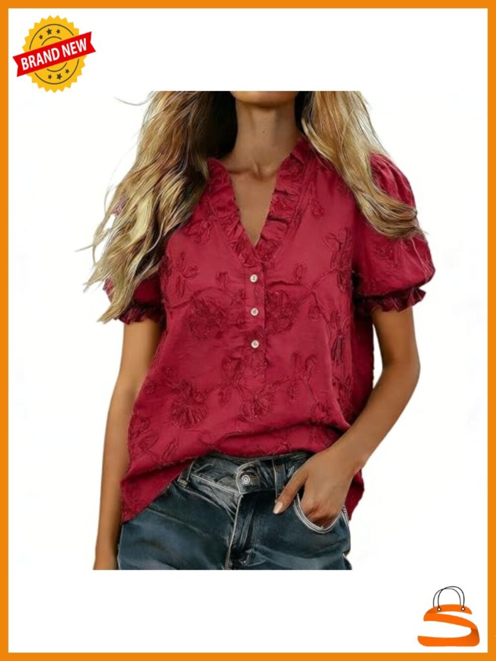 Embroidered Ruffle V-Neck Puff Sleeve Cotton Blouse Top